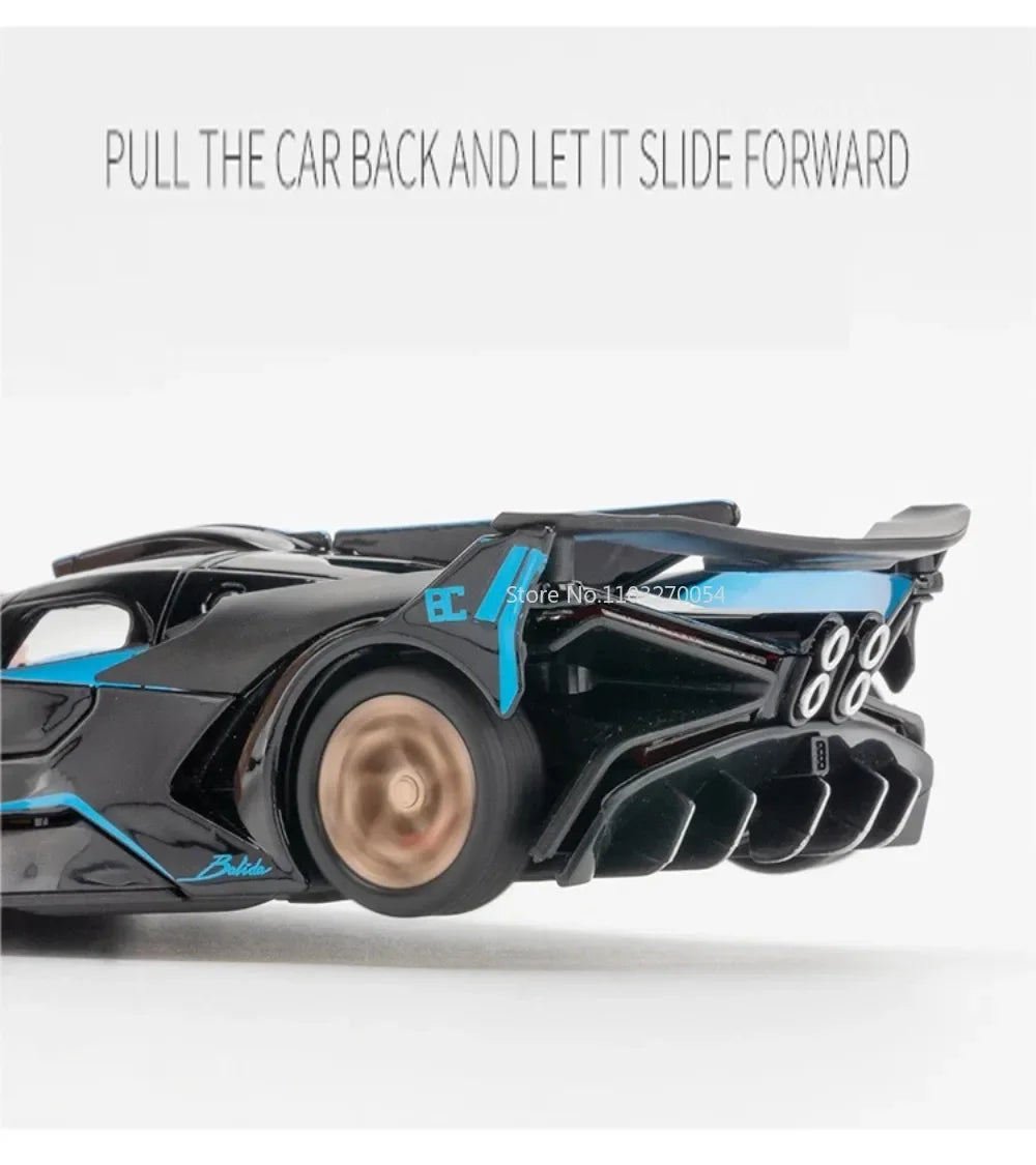 1/32 Bugatti Bolide Alloy Sports Car Model — Diecast Metal Vehicle with Sound & Light, Pull-Back Toy for Boys