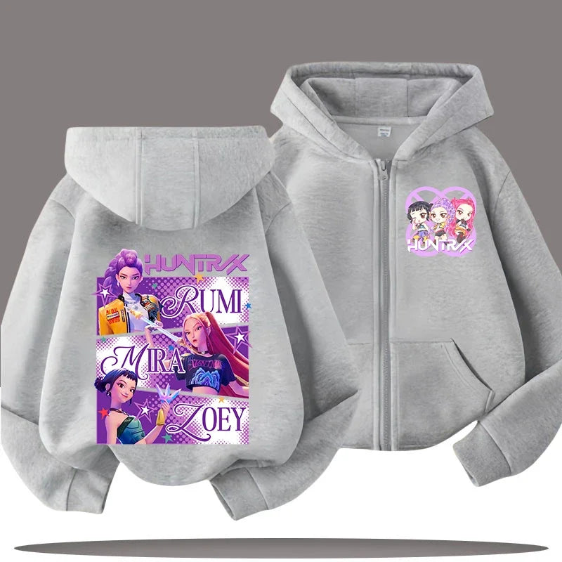 Funny Kpop Demon Hunters Zip-Up Sweatshirt – Kids Hoodie for Girls & Boys, Casual Zipper Hoody Top