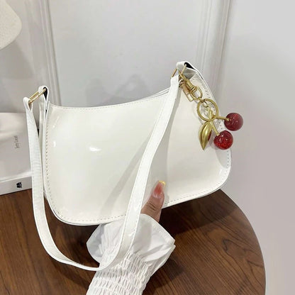 Women's PU Leather Shoulder Handbag – Solid Color Versatile Underarm Bag with Cherry Pendant Casual Commuting Purse