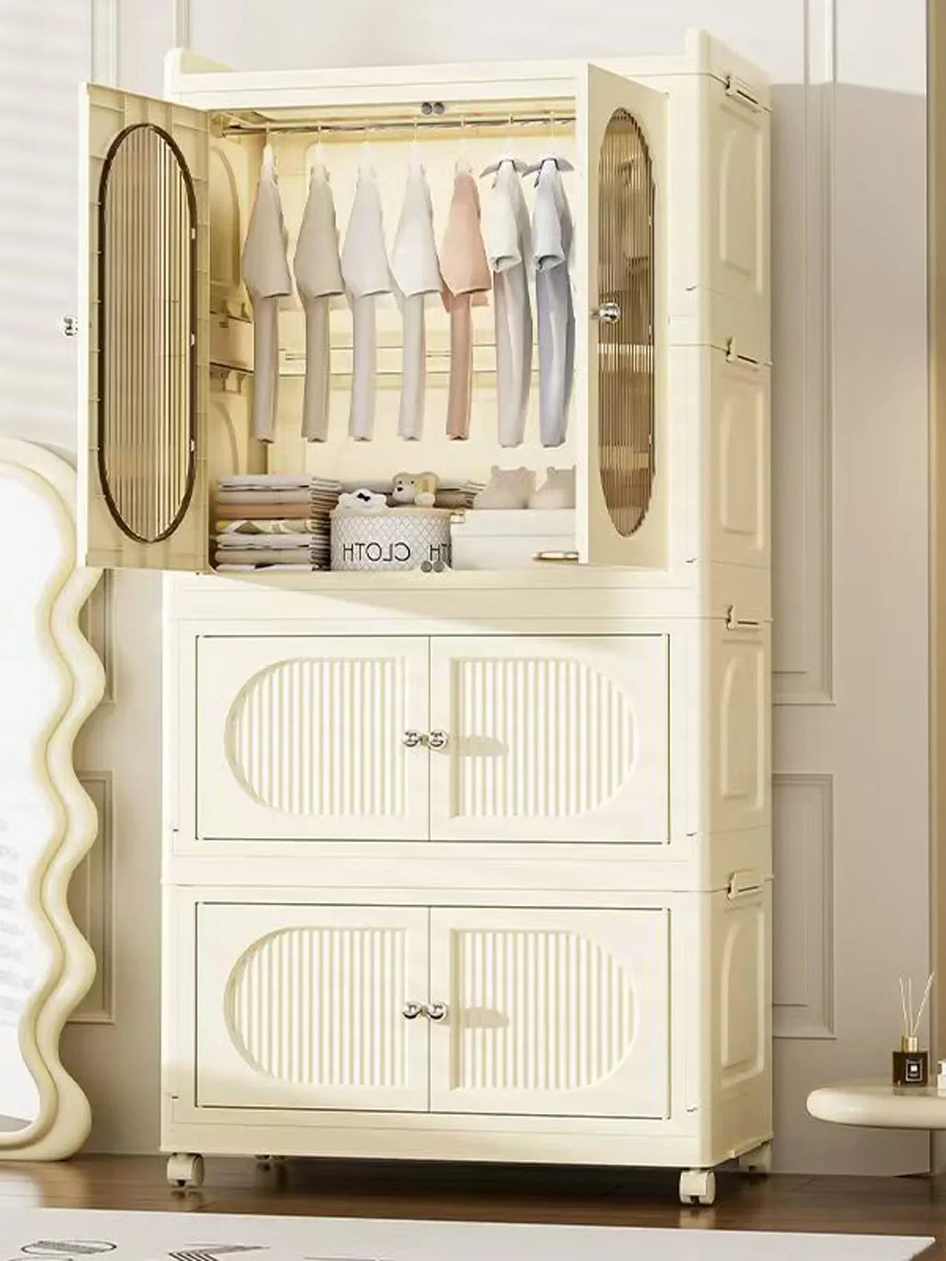 Foldable Storage Cabinet with Drawers – Dustproof Wardrobe Organizer for Home & Office