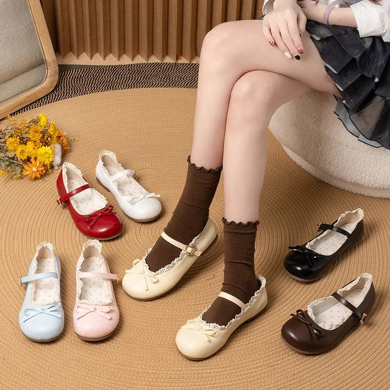 Women’s Mary Janes Flats – Pink & White Round Toe Lolita Ballet Shoes with Buckle Strap, Spring Autumn Plus Size