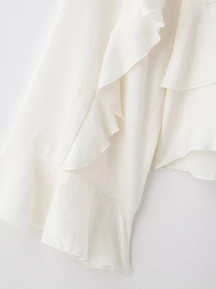 Women’s Long Sleeve Ruffled Blouse – Stand Collar Elegant Chic Fashion Shirt