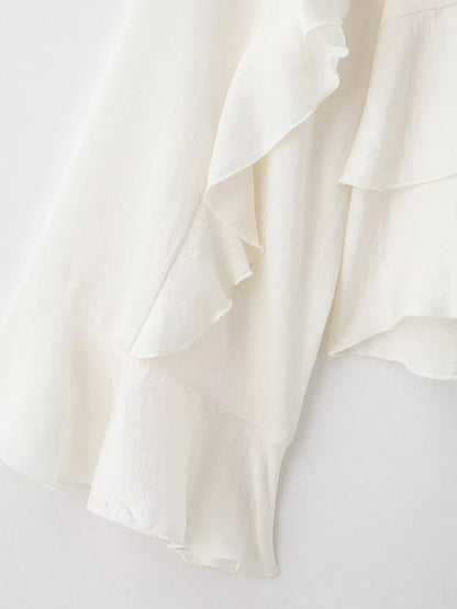 Women’s Long Sleeve Ruffled Blouse – Stand Collar Elegant Chic Fashion Shirt