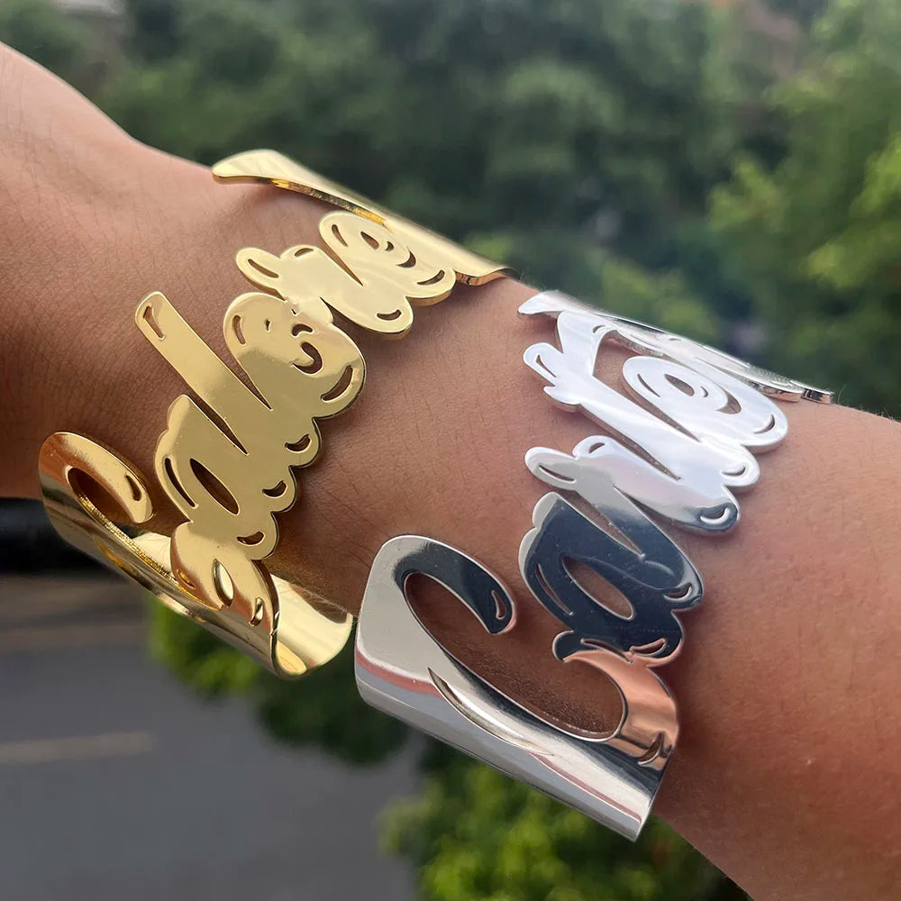 Custom Exaggerated Bangle - Personalized Name Bracelet for Women, Stainless Steel Charm Cuff, Waterproof Infinity Jewelry