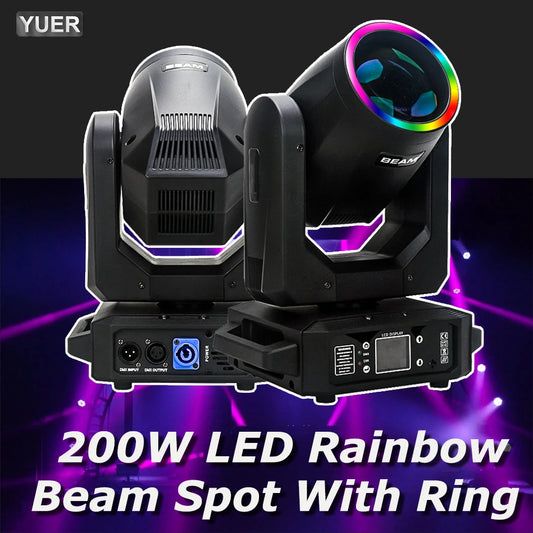 200W LED Moving Head Light - Ring Beam Spot, Rotating Prisms, Rainbow Gobo & 8-Color DMX Stage Effect