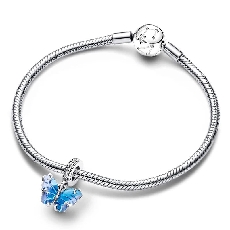 925 Silver Butterfly Dangle Charm – Blue & Yellow Glass for 3mm Original Bracelet, DIY Jewelry Gift