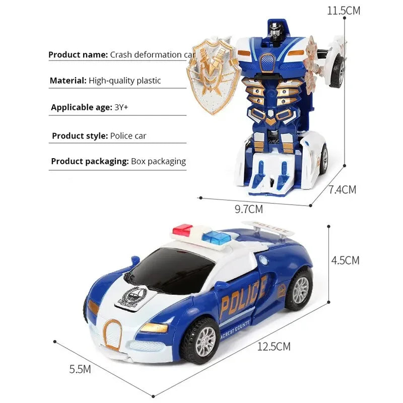 Blue Children's Police Car Toy – One-Button Deformation Car, Inertia Impact for Boys