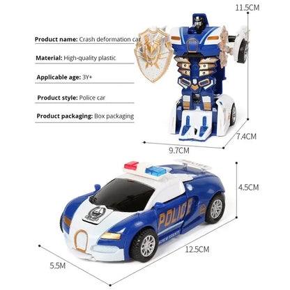 Blue Children's Police Car Toy – One-Button Deformation Car, Inertia Impact for Boys