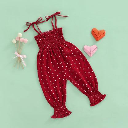 Lioraitiin Toddler Girl Sling Jumpsuit – Heart & Leopard Print Pleated Tie-Up Overalls Romper for Ages 0-4 Years