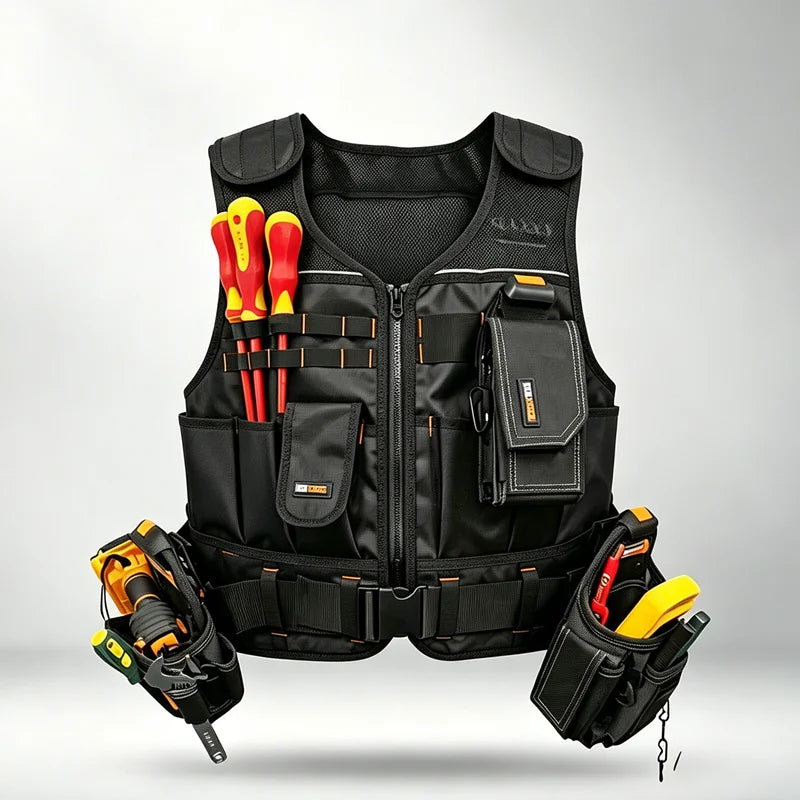 TOOLSTACK Heavy-Duty Work Vest - Multi-Pocket Breathable Adjustable Construction & Electrician Utility Vest