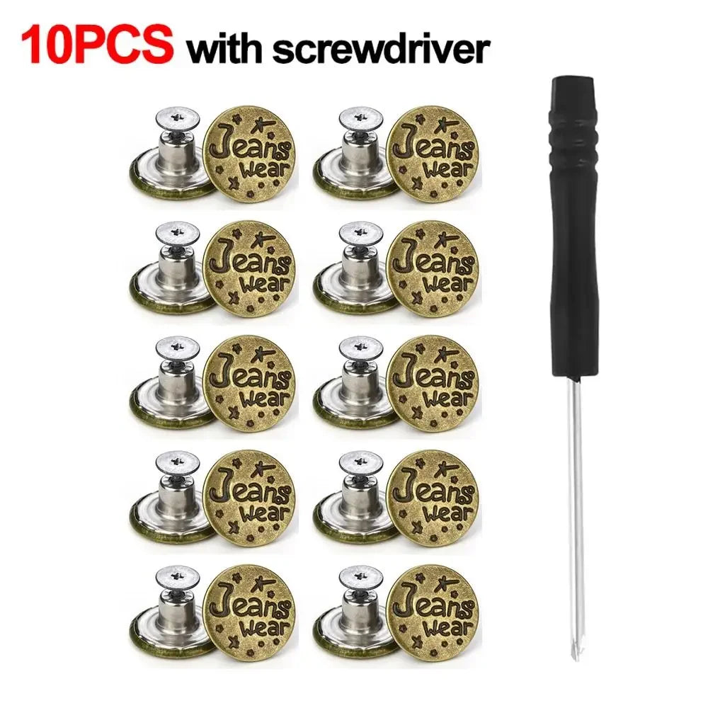 10Pcs 17mm Metal Jeans Buttons – No-Sew Screw Replacement Repair Kit for Pants & Denim