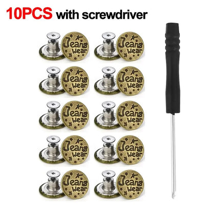 10Pcs 17mm Metal Jeans Buttons – No-Sew Screw Replacement Repair Kit for Pants & Denim