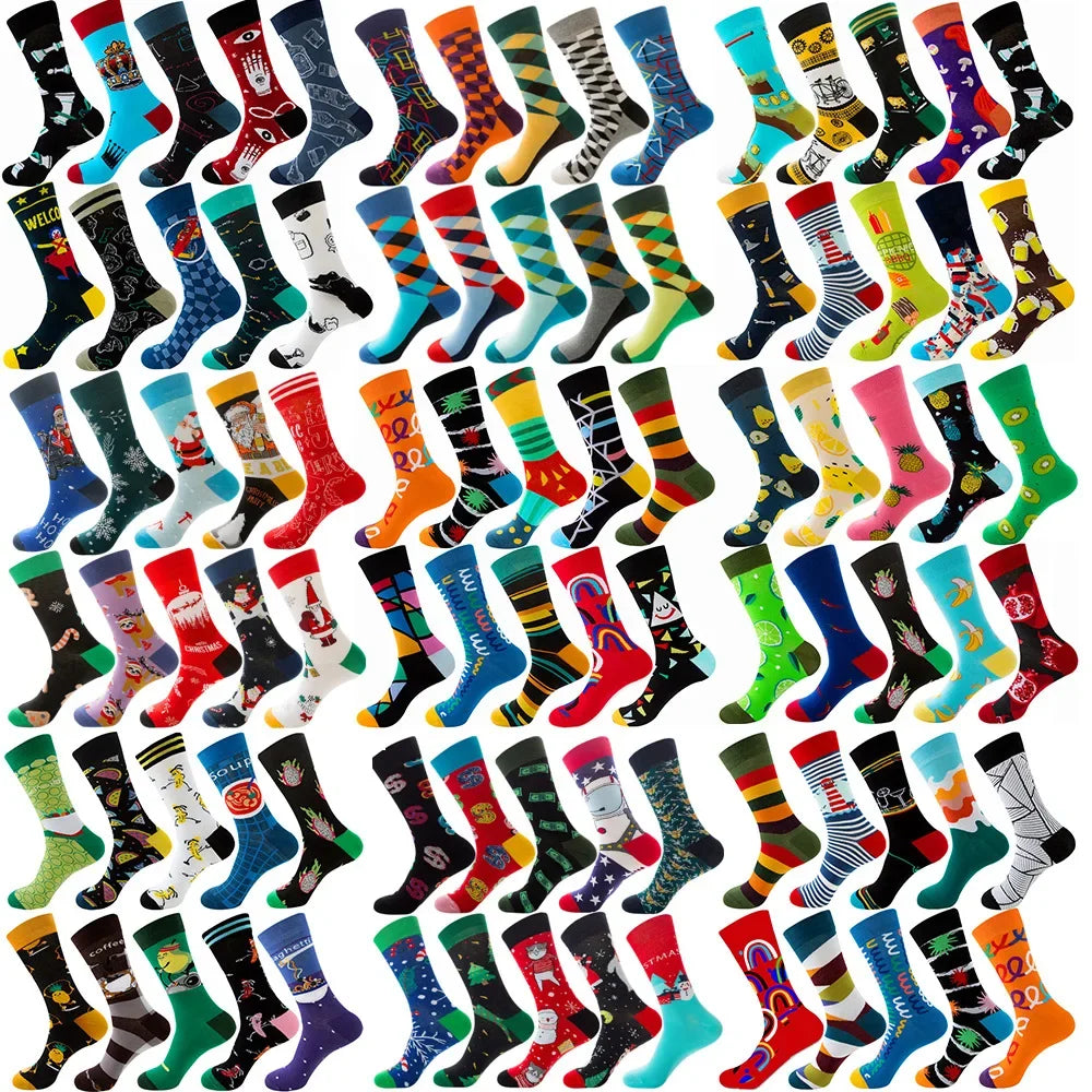 10-Pair Big Size Crew Socks Pack - 38 Style Funny Rhombus Casual Fashion Socks for Men