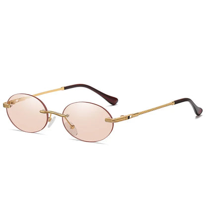 Retro Oval Rimless Sunglasses – Blue Mirror Gold Metal UV400 for Men & Women