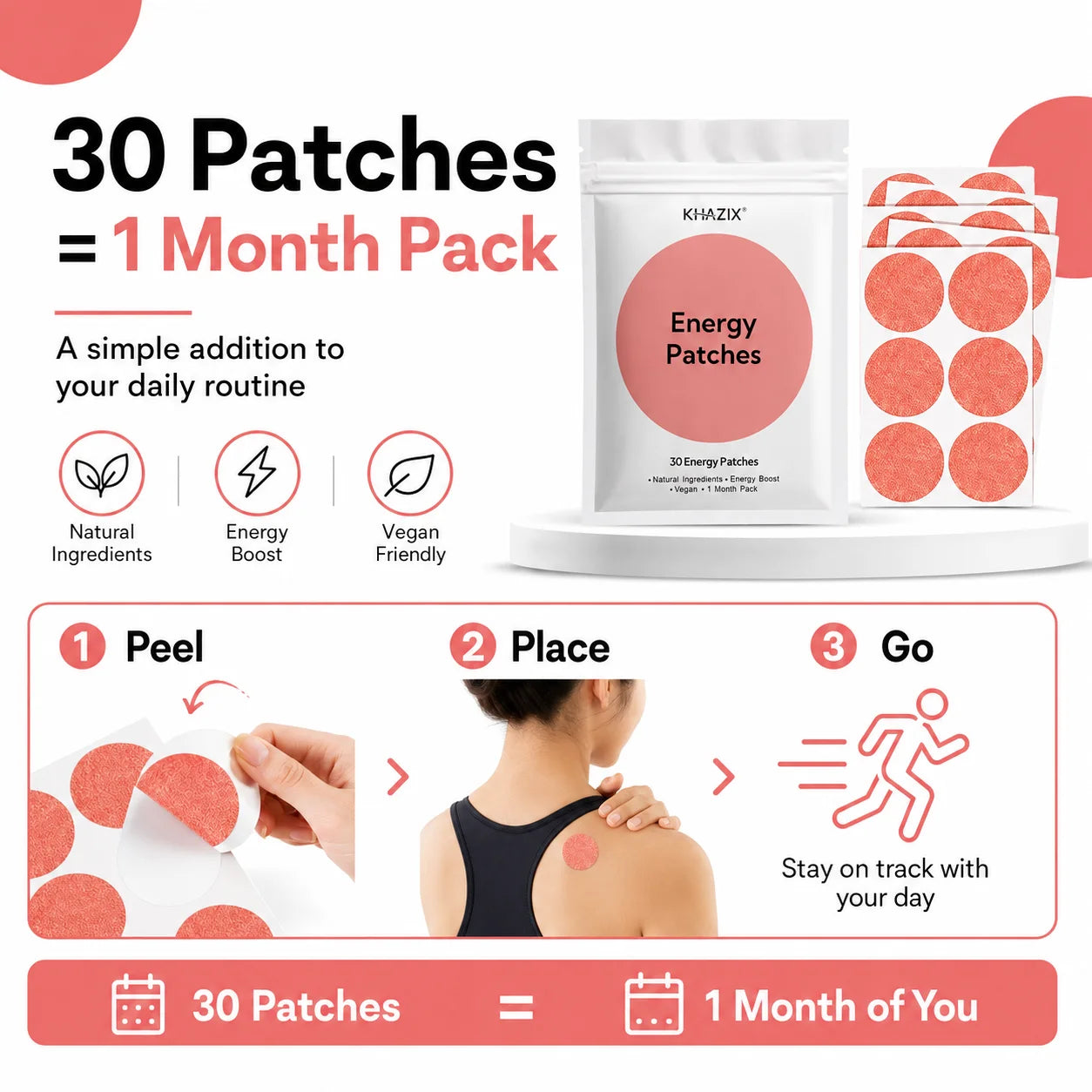 Energy Patches - 30-Piece Vegan-Friendly Daily Energy Support Stickers for Work, Travel & Sports