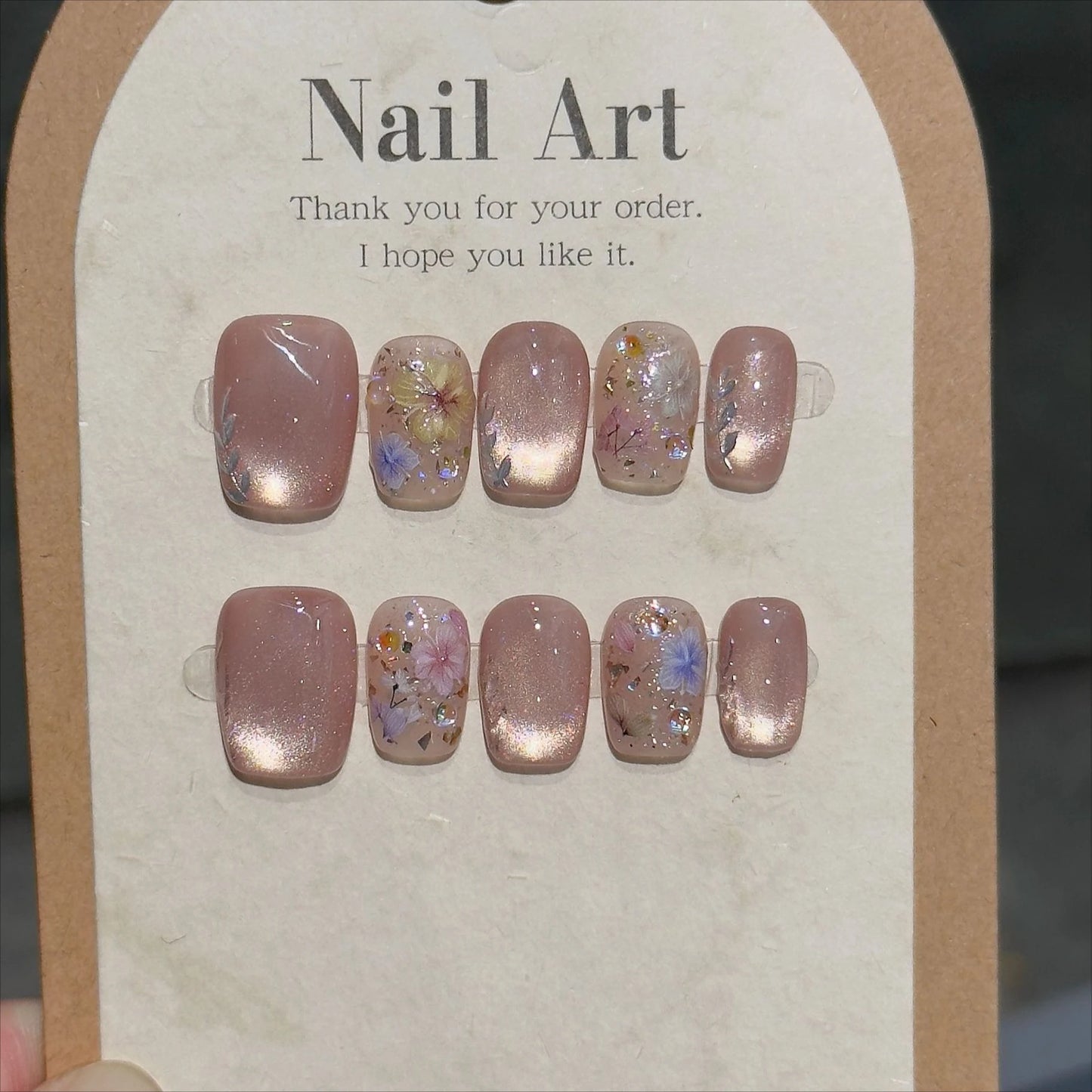 10 Pcs Handmade Short Square Press-On Nails – Full Cover Flower & Cat Eye Ballet False Nails Manicure Tips