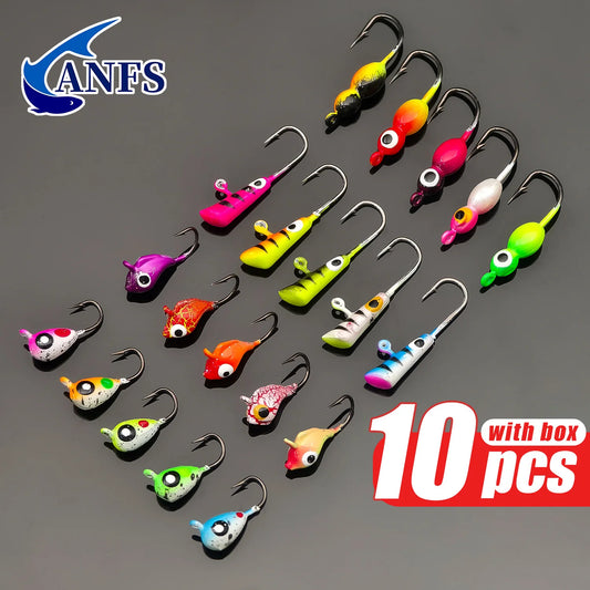 ANFS 10pcs Ice Fishing Lures - Vibrant Color Fishing Jigs with Hooks for Winter Ice Angling