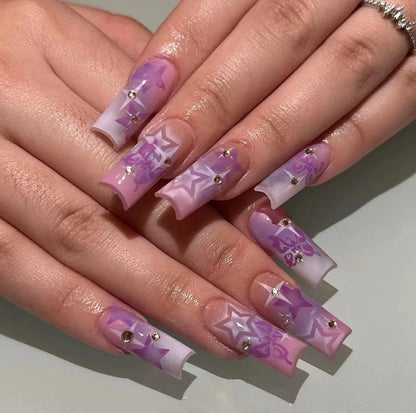 24PCS Y2K Sweet Stars Press-On Nails - Blue Brown Striped French Style Autumn Vintage Wave Point Fake Nail Set