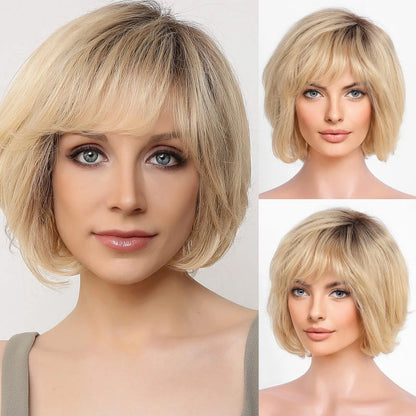 Brown Blonde Mixed Ombre Lace Front Wig – Short Wavy Bob Golden Blonde Remy Human Hair for White Women Daily Use