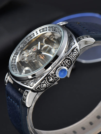 LONGLUX Automatic Mechanical Skeleton Watch – Retro Style Waterproof Leather Men’s Wristwatch, No Logo