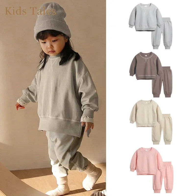 2PCS Kids Clothes Set for 1-7Y - Solid Cotton Pullover Sweatshirt & Pants, Long Sleeve Autumn Outfits for Boys & Girls