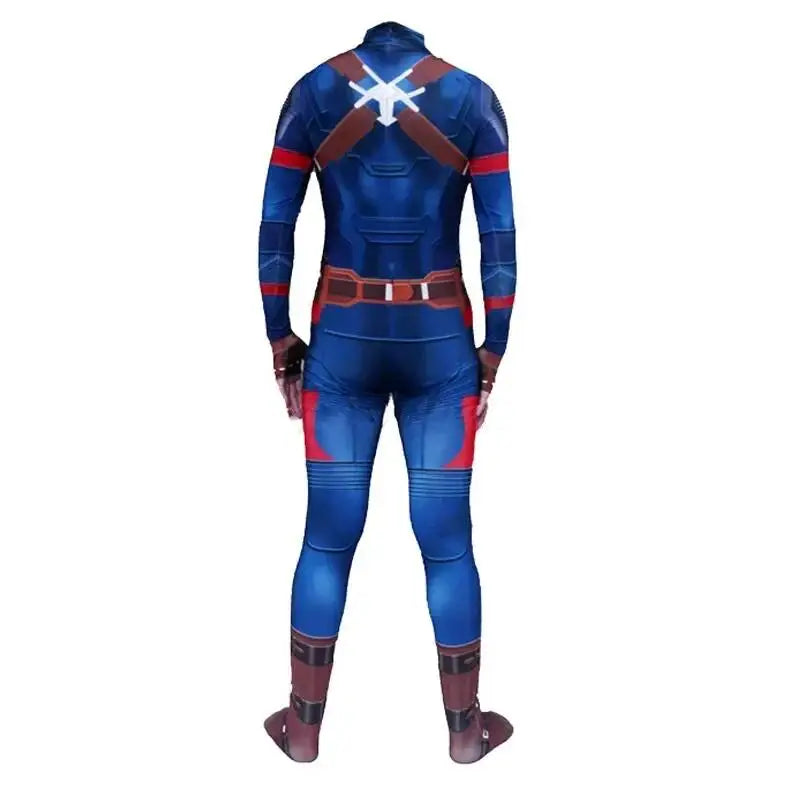 Captain America Cosplay Costume – Superhero Jumpsuit Bodysuit for Adults & Kids, Halloween Party Zentai, Asian Size