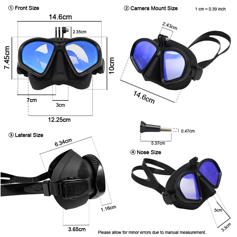 Freediving Mask with Camera Mount - Two-Window Tempered Glass Waterproof Anti-Fog Snorkeling Mask
