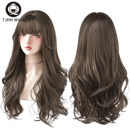 7JHH Brown Ash Long Deep Wave Lolita Wig for Women — Synthetic Hair with Bangs, Thick Curly Fashion Wig