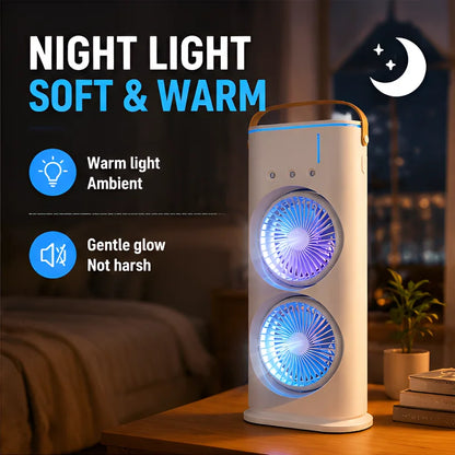 3-in-1 Portable Air Cooler Fan - Dual Head Cooling Fan with LED Night Light & Humidifier for Home and Office