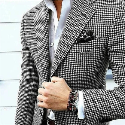 Men’s Slim Fit Houndstooth Blazer — Italian Style Casual Suit Jacket, Notched Lapel Check Coat for Wedding, Prom & Party 2024