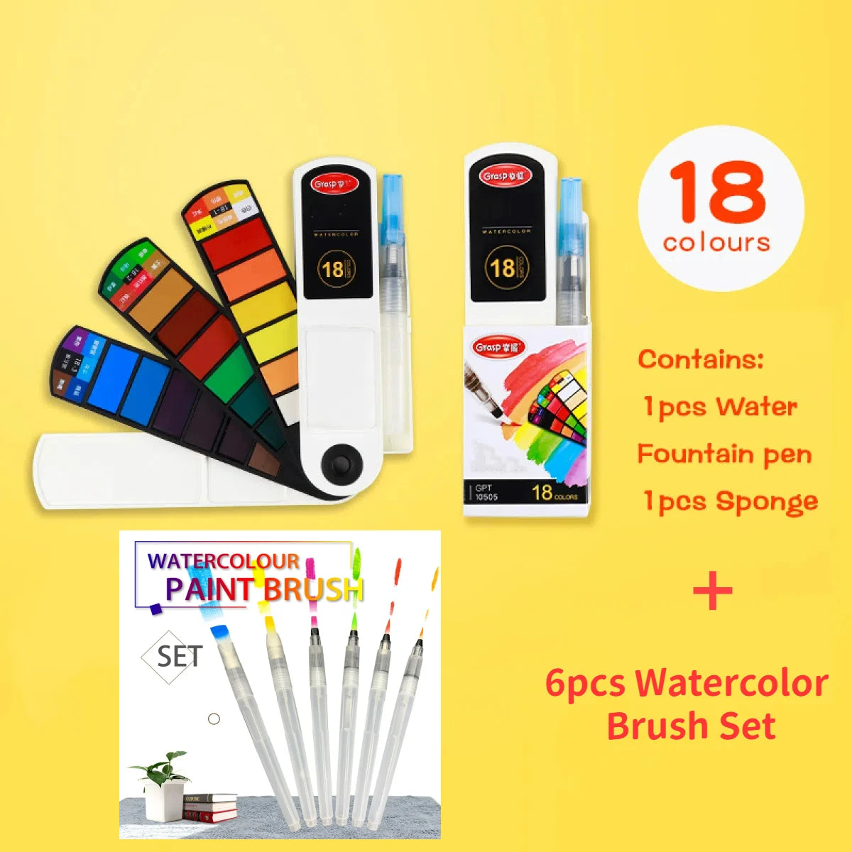 18–42 Color Solid Watercolor Set – Foldable Travel Paint Kit with Water Brush Pen & Fan-Shaped Art Painting Tools