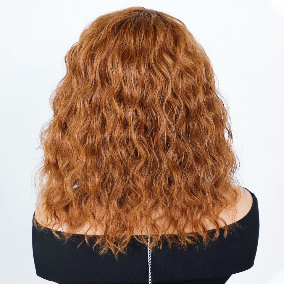 Honey Curly Bob Human Hair Wig — Side Part Pre-Plucked Glueless Brown & Blonde Curly Wig with Fringe Bangs