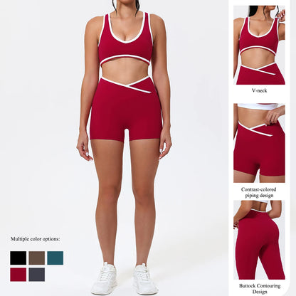 Women's 2-Piece Yoga Set – Color Block Sports Bra and Fitness Shorts Outfit for Summer Workout & Gym
