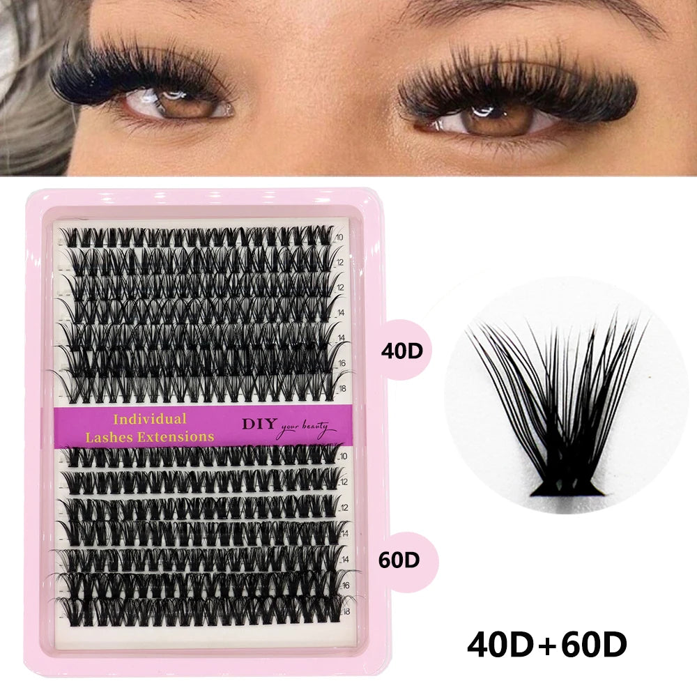 40D–100D Segmented Tufted Eyelashes – 14 Rows Mixed 10–16mm Black Matte DIY Grafted False Eyelash Extensions for Volume Makeup Look