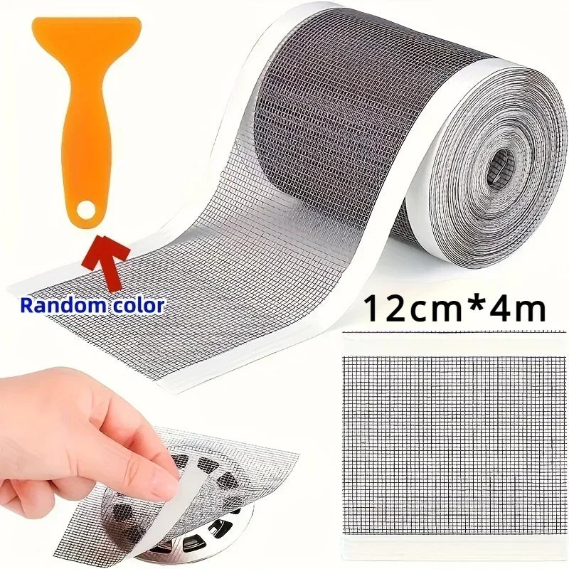 Cuttable Shower Drain Hair Catcher Mesh Sticker – 12cm x 4m Disposable Anti-Clog Filter for Bathroom & Kitchen Sink Drain Protection