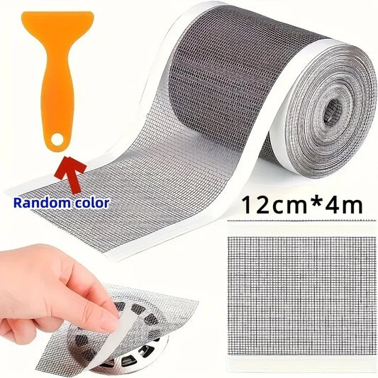 Cuttable Shower Drain Hair Catcher Mesh Sticker – 12cm x 4m Disposable Anti-Clog Filter for Bathroom & Kitchen Sink Drain Protection
