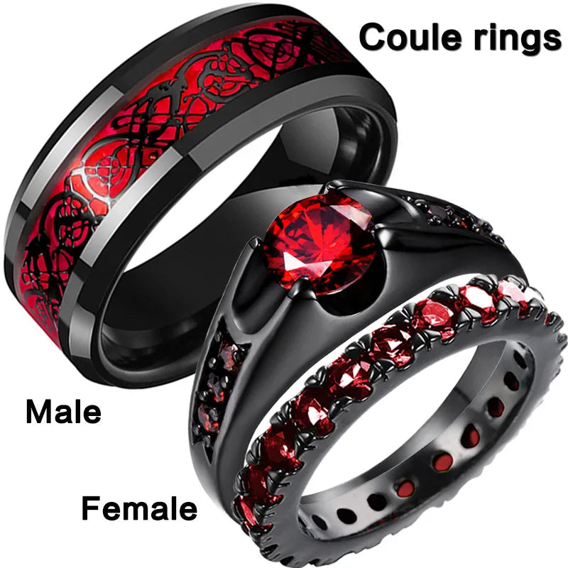 Red Rhinestone Wedding Ring Set - Stainless Steel Black Dragon Pattern Couple Bands for Men & Women