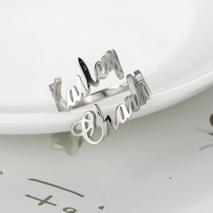 Custom Fishhook Double Name Finger Ring - Personalized Family & Couple Love Gift for Women & Men, Gold Stainless Steel Jewelry