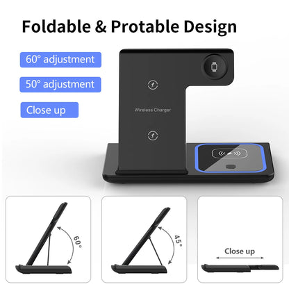200W 3-in-1 Wireless Charging Stand – Foldable Fast Charging Dock for iPhone 16-8, Apple Watch & AirPods