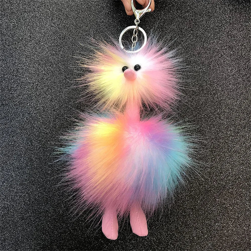 Cute Doll Ostrich Plush Pendant Keychain – Colorful Fur Ball Backpack Key Ring, Creative Gift for Women 2025 Xmas & New Year