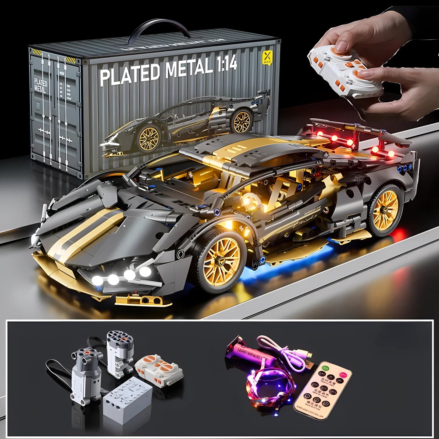 1:14 Technical Racing Sport Car Model Building Blocks, DIY Supercar Brick Puzzle, 1280+ Pieces, Gift for Kids and Adults