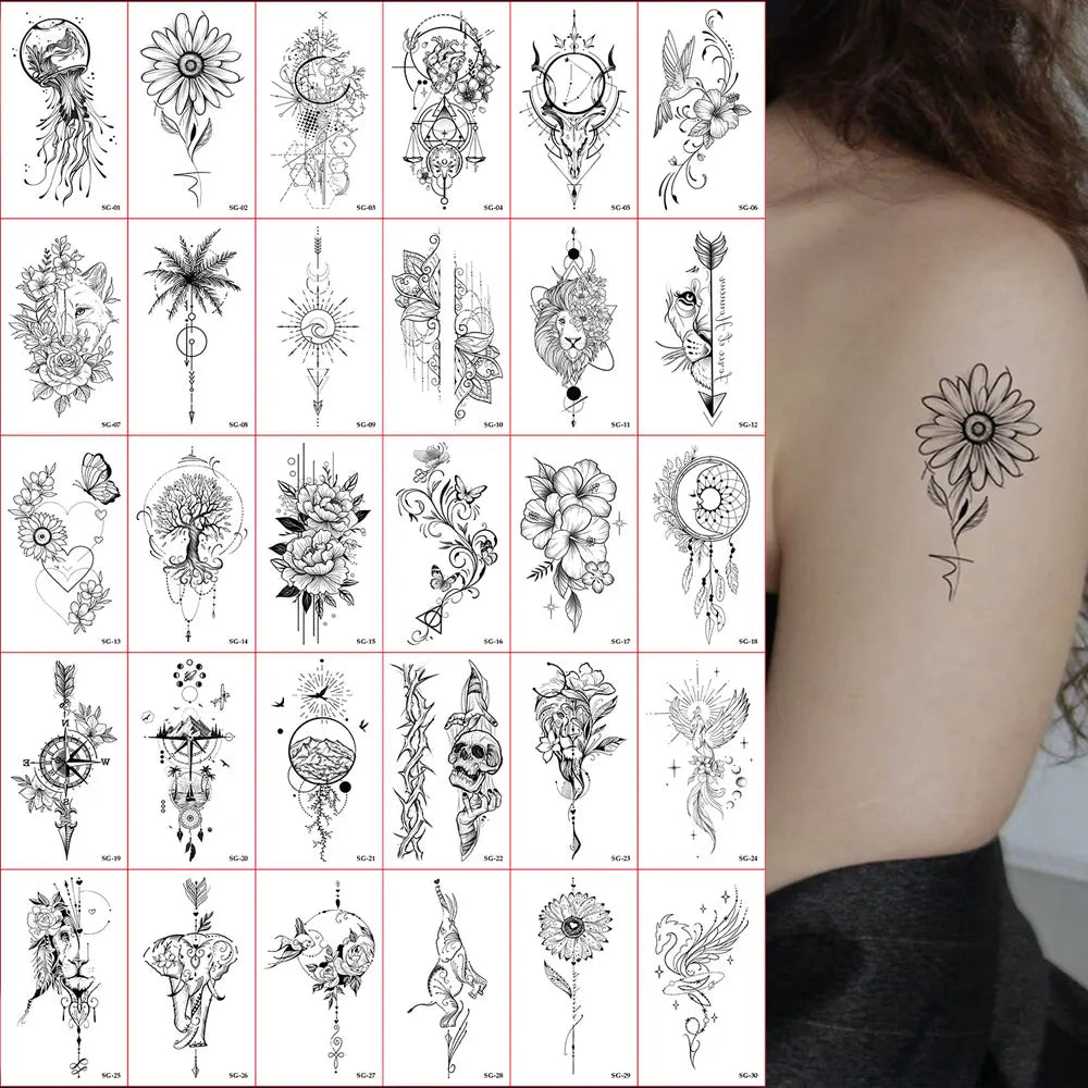 30pcs Black Temporary Tattoo Stickers - Flower Butterfly Rose Moon Star Mandala Designs for Hand, Chest & Body Art