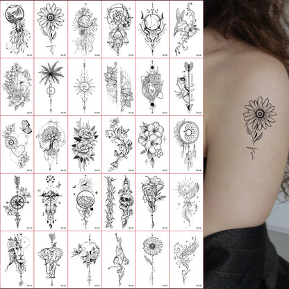 30pcs Black Temporary Tattoo Stickers - Flower Butterfly Rose Moon Star Mandala Designs for Hand, Chest & Body Art