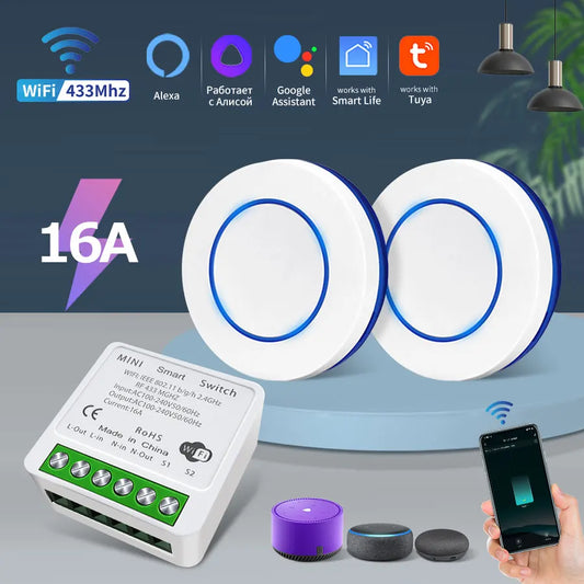 Tuya WiFi Smart Switch – 16A RF 433MHz Wireless Mini Round Button for Alexa & Google Home