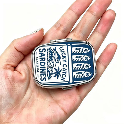 Lucky Catch Sardines Metal Pill Box - Portable 2-Compartment Travel Organizer for Pills & Vitamins