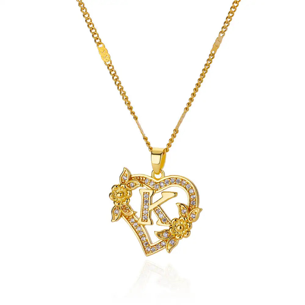 Gold Zircon Heart Initial Necklace – Stainless Steel Letter Pendant Jewelry for Women