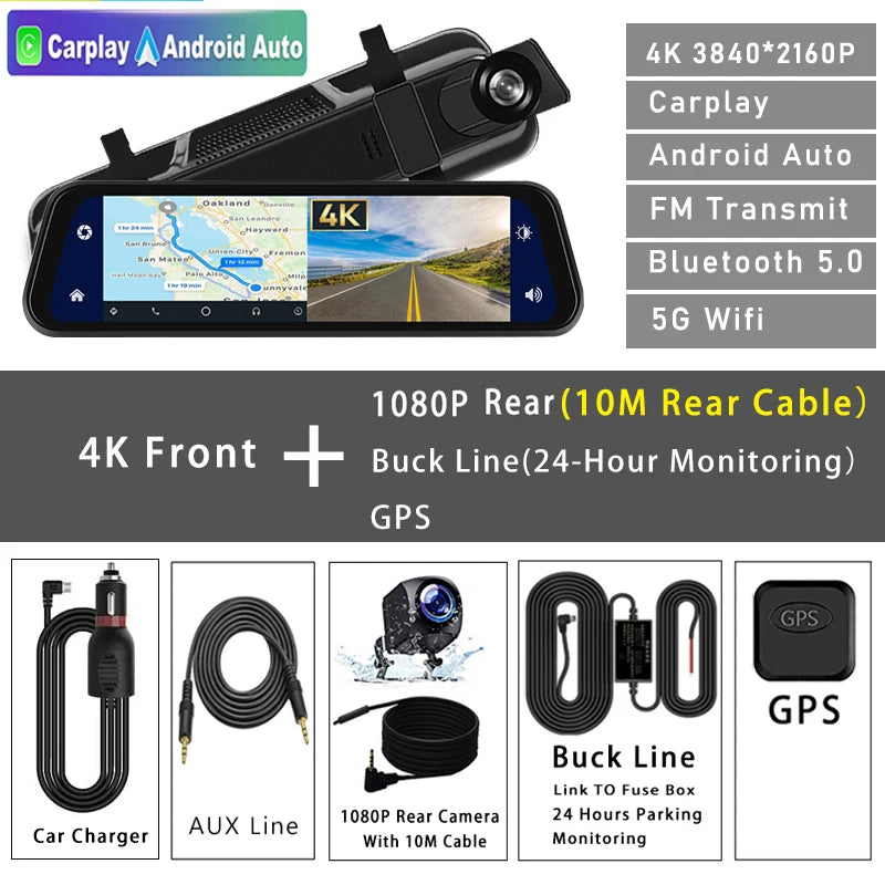 4K 2160P Dash Cam – Car DVR with CarPlay, Android Auto, Rearview Mirror Streaming, GPS, 5G WiFi, FM Radio, AUX