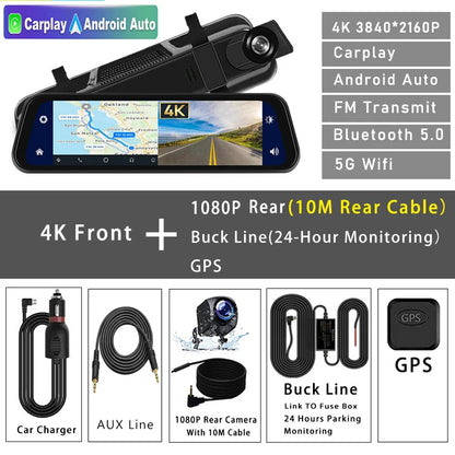 4K 2160P Dash Cam – Car DVR with CarPlay, Android Auto, Rearview Mirror Streaming, GPS, 5G WiFi, FM Radio, AUX