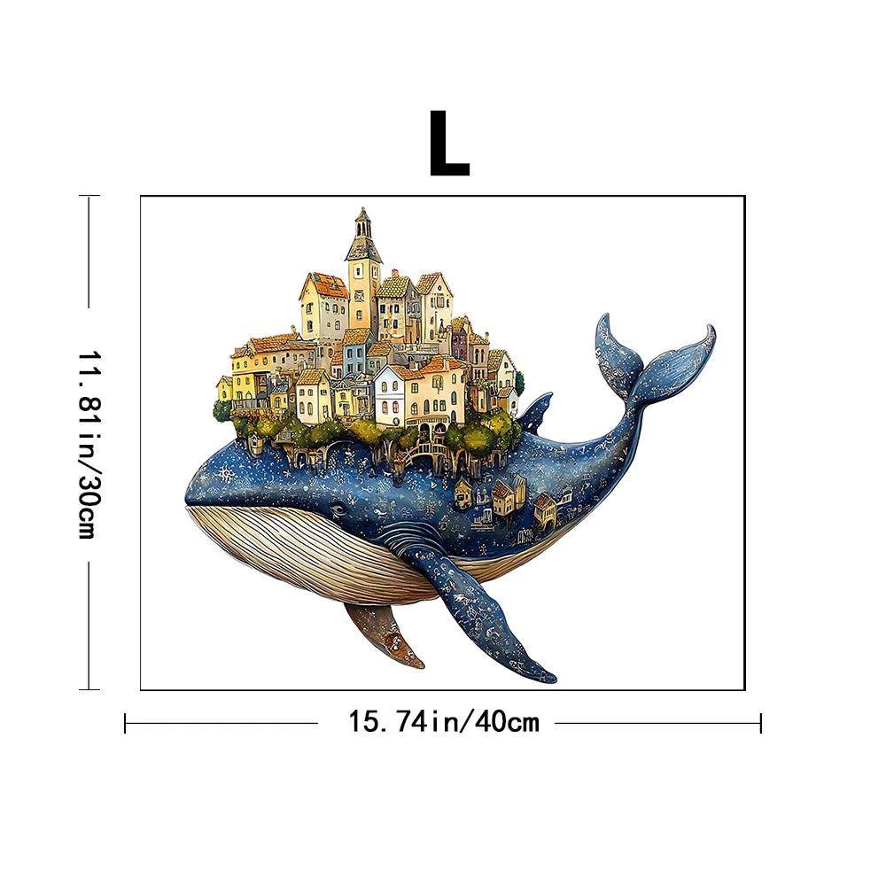 Artisan Whale Castle Wooden Puzzle – Handcrafted Animal Village & Marine Wall Art, Intermediate Family Game