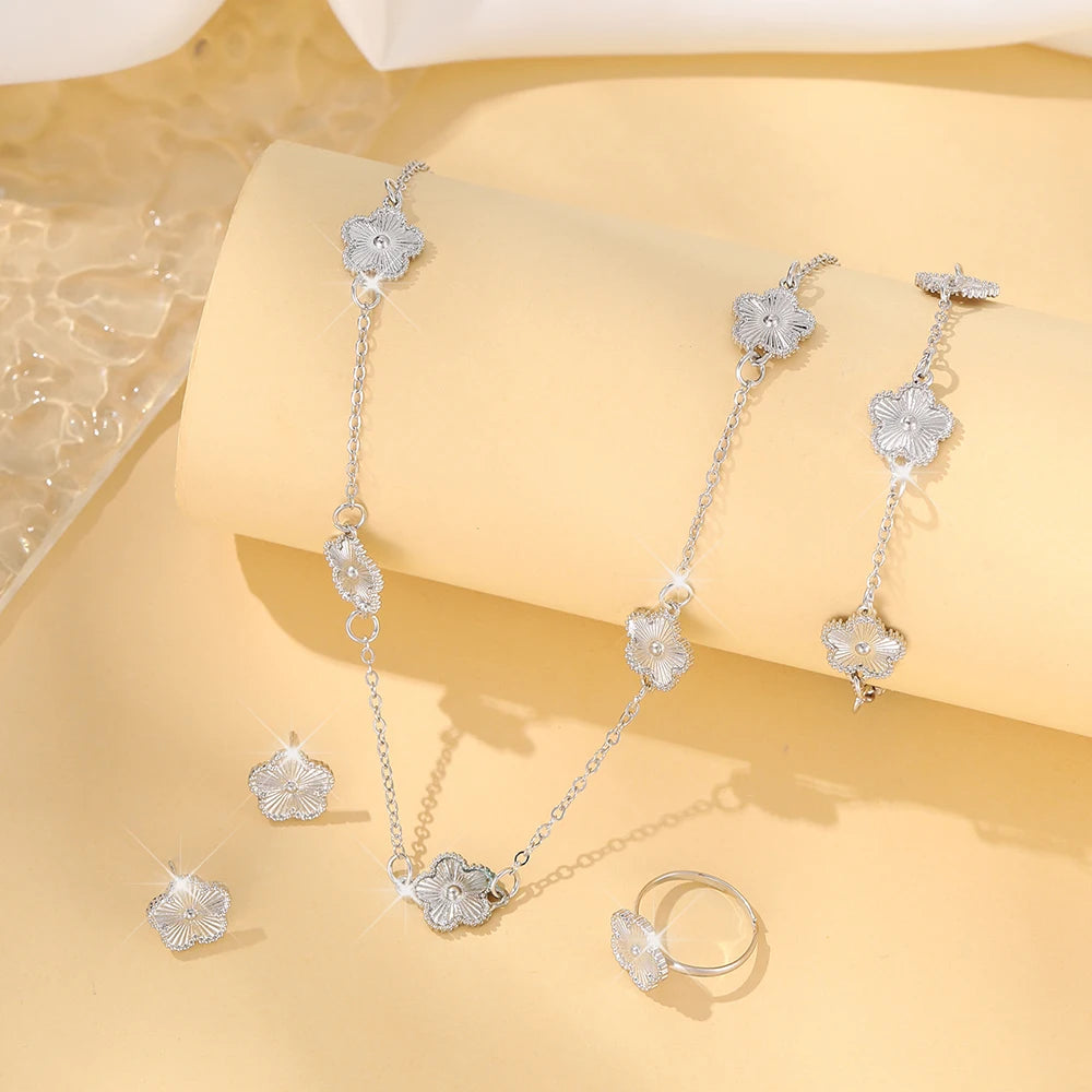 Lucky Five-Petal Flower & Clover Bracelet, Earrings, Necklace Set – Stylish Women's Party Jewelry Accessories